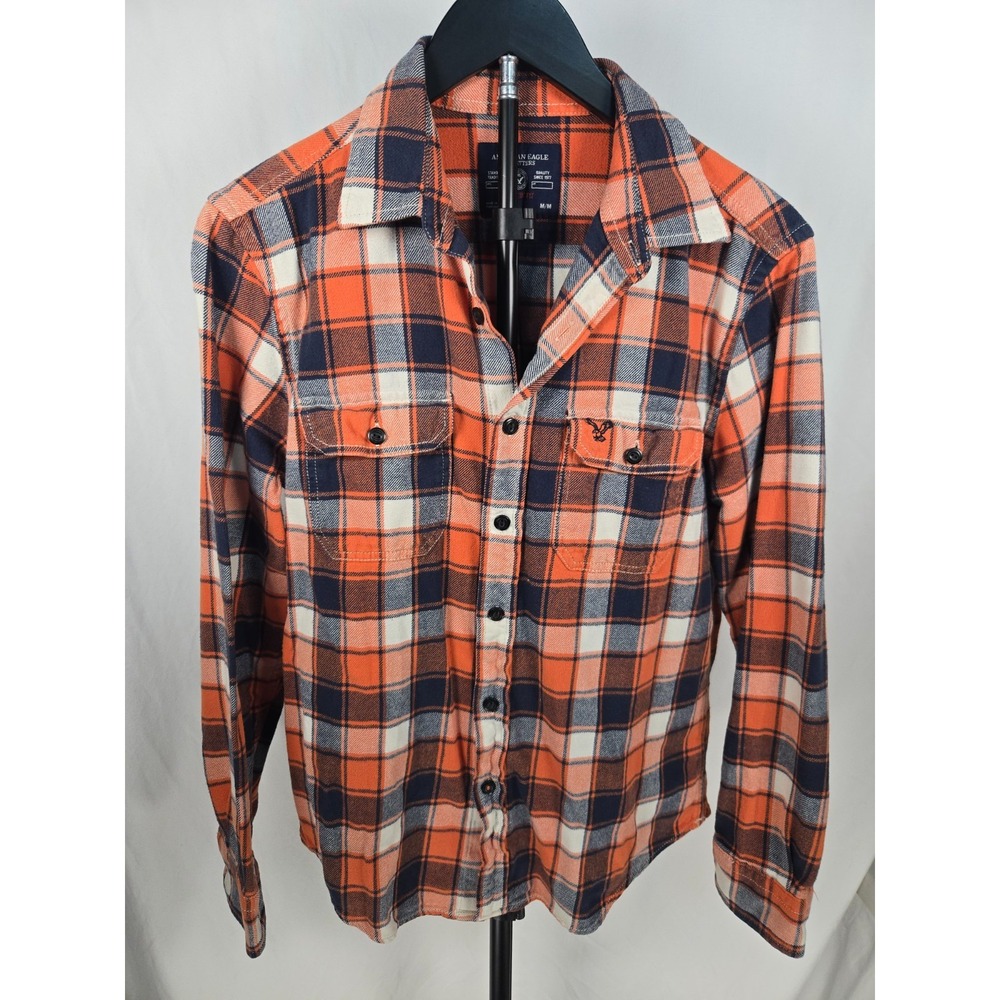 American Eagle Mens M Orange Plaid Flannel Shirt Athletic Fit Grunge Cabincore